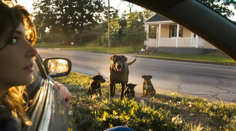 En voyant une chienne et ses 2 chiots au bord de la route, une automobiliste fait aussitôt demi-tour En voyant une chienne et ses 2 chiots au bord de la route, une automobiliste fait aussitôt demi-tour